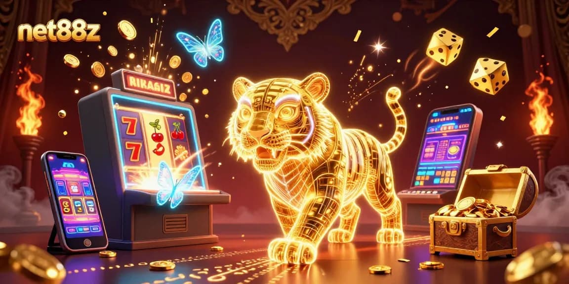 Experience the thrill of net88z with a vibrant digital casino scene featuring slot machines, jackpots, and a neon tiger.