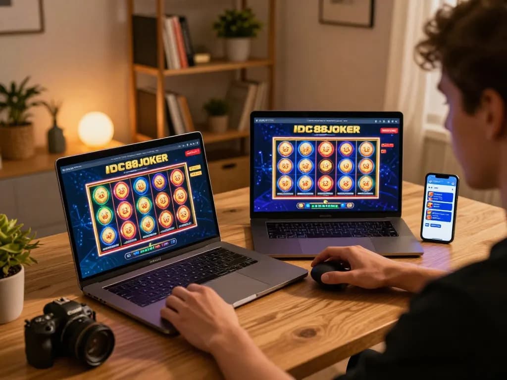 Engaging in online slots at IDC88JOKER, showcasing a vibrant home gaming setup