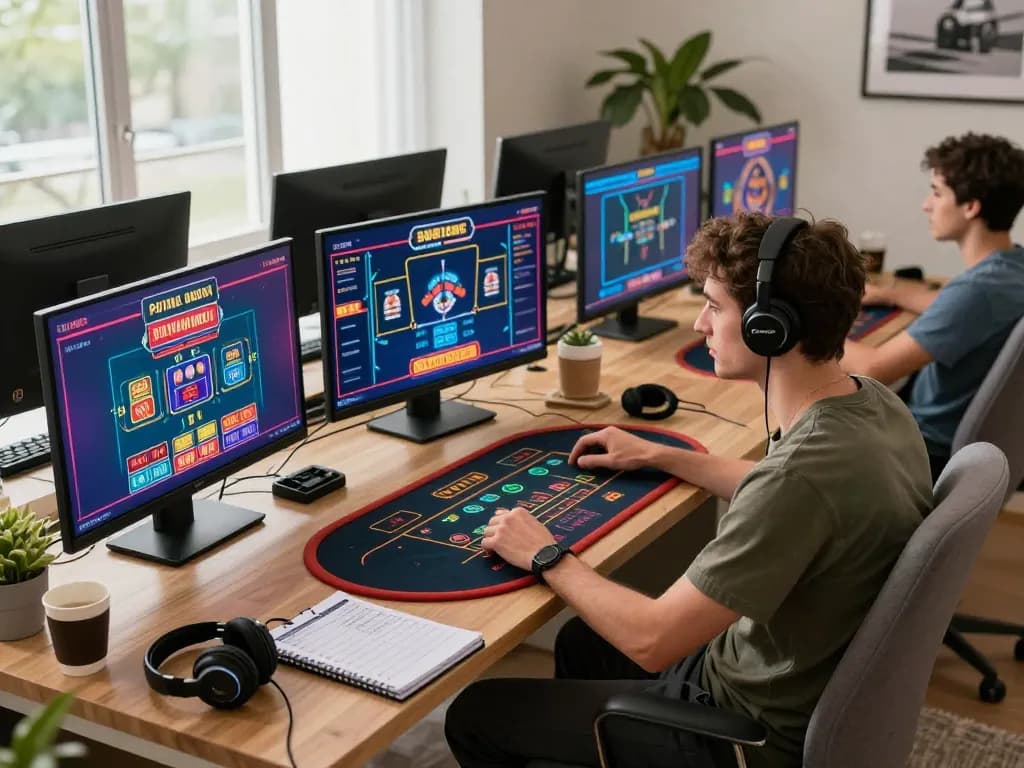 Engaging in online casino gaming at taixiusunwin.art with multiple screens and strategic betting setup.