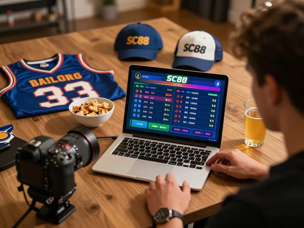 Engaging in sports betting with SC88 odds displayed on a laptop in a cozy home setting.