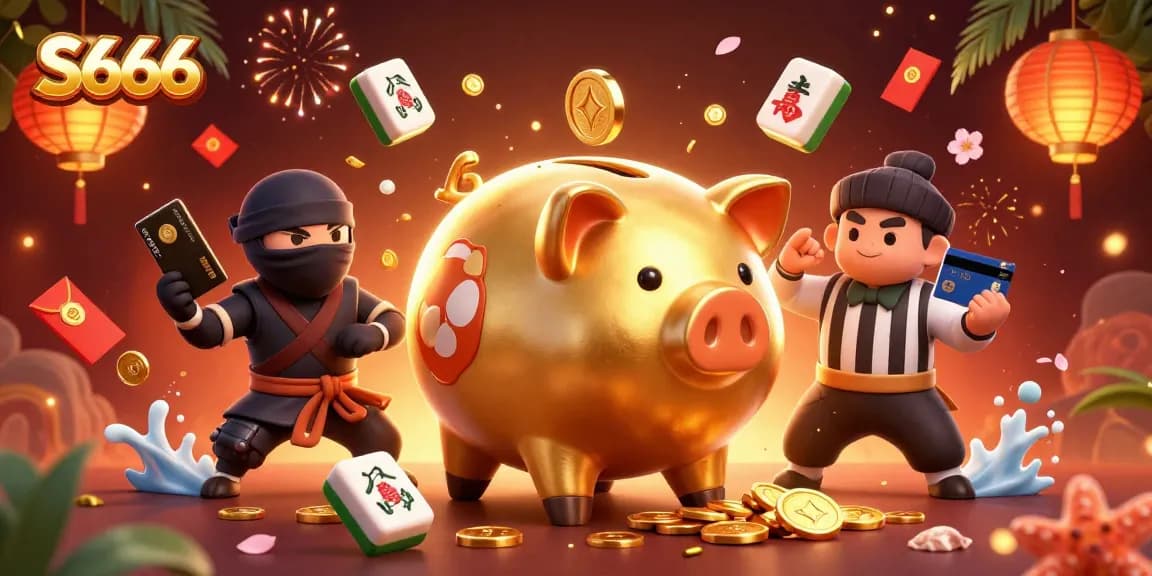 S666 offers thrilling casino atmosphere with a dynamic 3D scene featuring a golden sumo piggy bank and ninja characters.