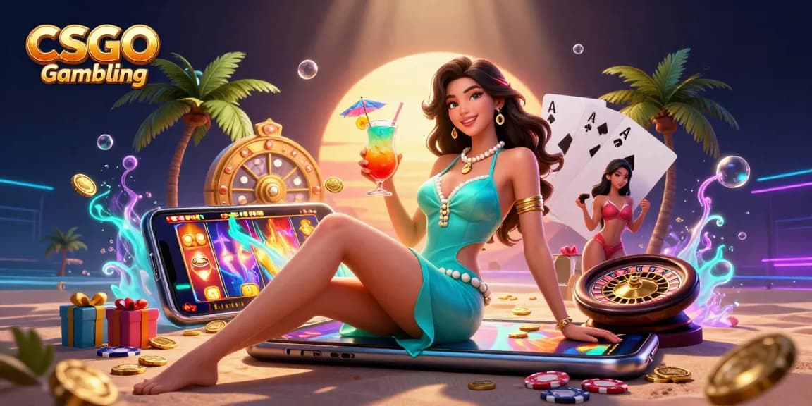 Ikuti Judi CSGO dalam setting glamor yang menampilkan seorang wanita dan elemen kasino digital.