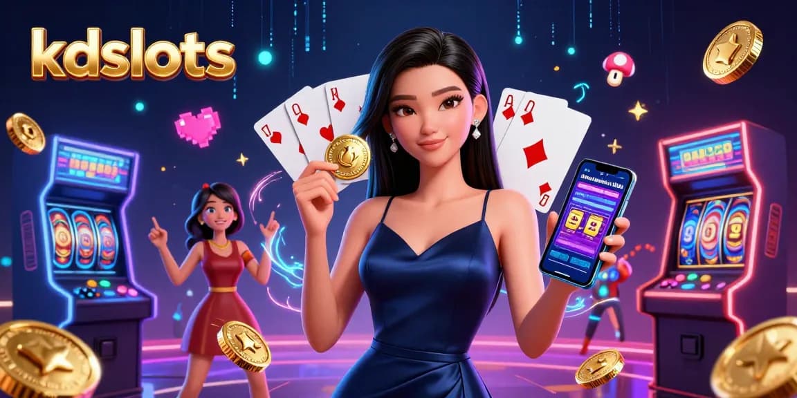 Experience thrilling gameplay at kdslots with a confident woman holding a smartphone and golden chip.