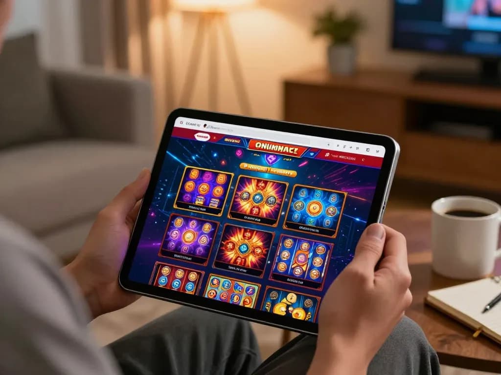 IDCASH88 engaging slot game experience on a cozy living room tablet setup, inviting home gaming atmosphere