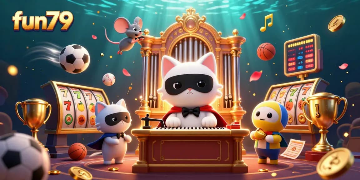 Experience the thrill of fun79 with a dazzling 3D casino scene featuring a charming cat and dynamic jackpots.