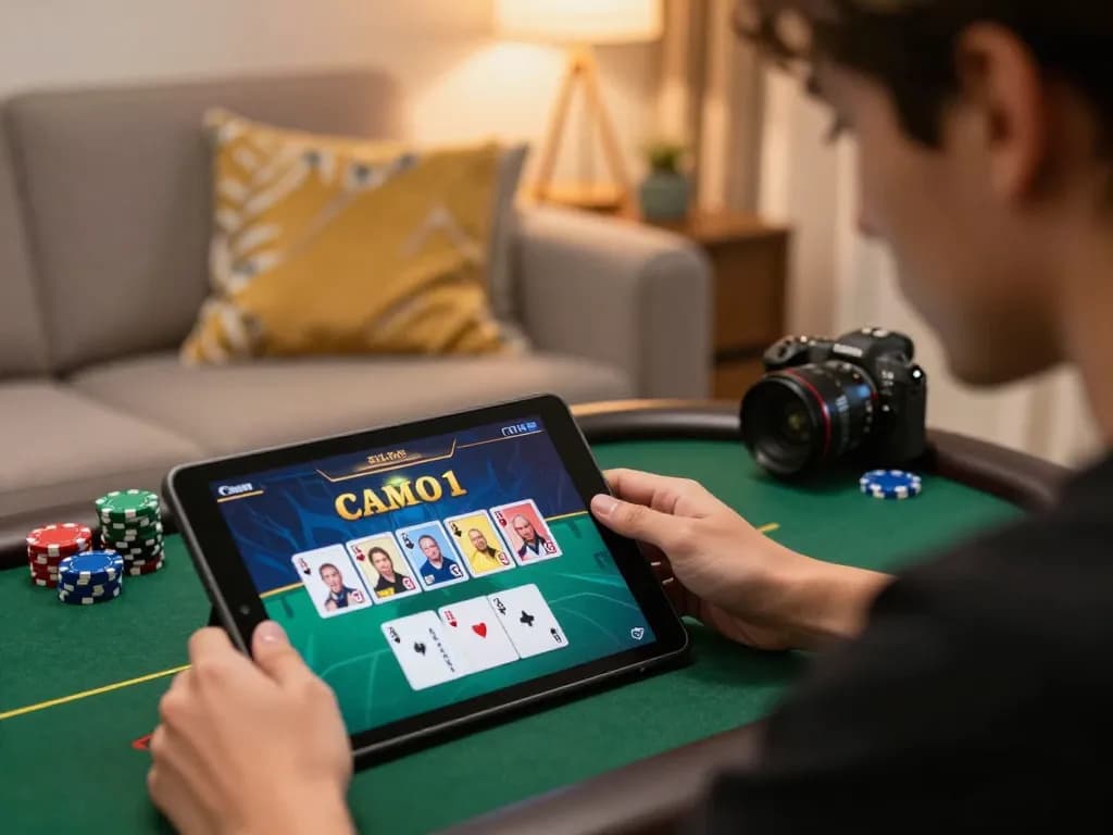 CM88 user engaged in online poker gameplay on a tablet at home