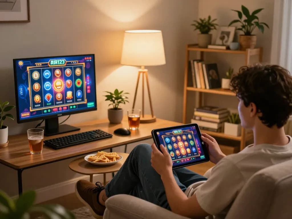 Memainkan slot online AIR123 di tablet dalam suasana rumah yang nyaman dengan camilan dan pencahayaan hangat