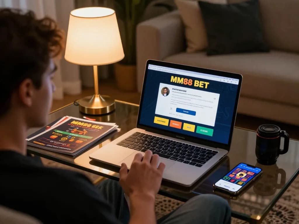 Playing MM88 BET online at home, focused on betting strategies with laptop and smartphone.