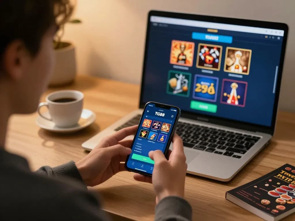 Engaging with the TG88 app on a smartphone for online gaming, blending strategy and excitement.