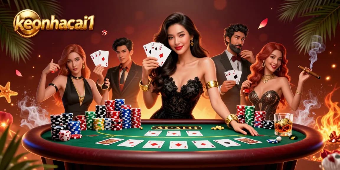 Engage with keonhacai1's rich casino ambiance featuring an elegant Asian woman holding playing cards.