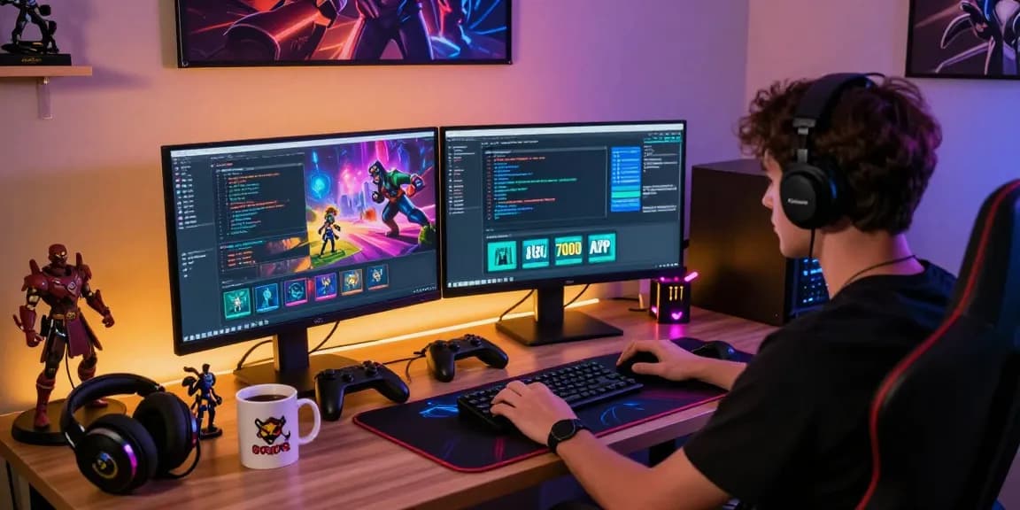 Developer working on slot7000 APK at a vibrant gaming workstation with dual screens.
