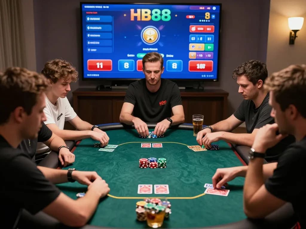 Players strategizing at HB88 poker table, dynamic gameplay showcasing competitive tension and professional online gambling.