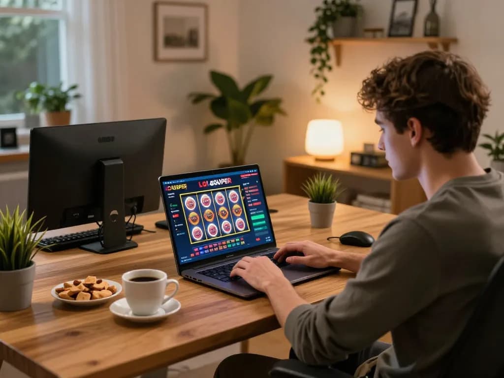 Player enjoying an LGOSUPER online slot game in a cozy home setting, showcasing responsible gaming.