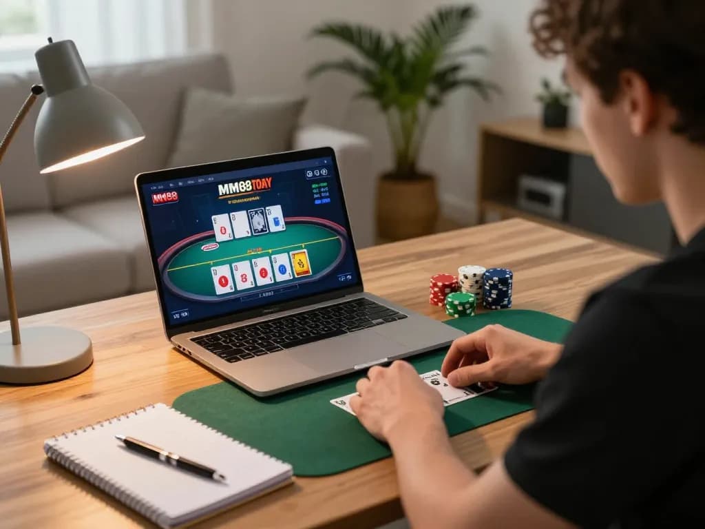 Playing online poker on MM88 TODAY platform in a cozy living room setting.