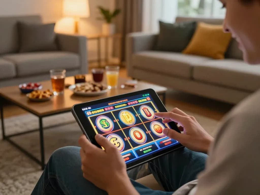 Player engaging with an online slot game on a tablet within a cozy home environment, showcasing the excitement of 789win.