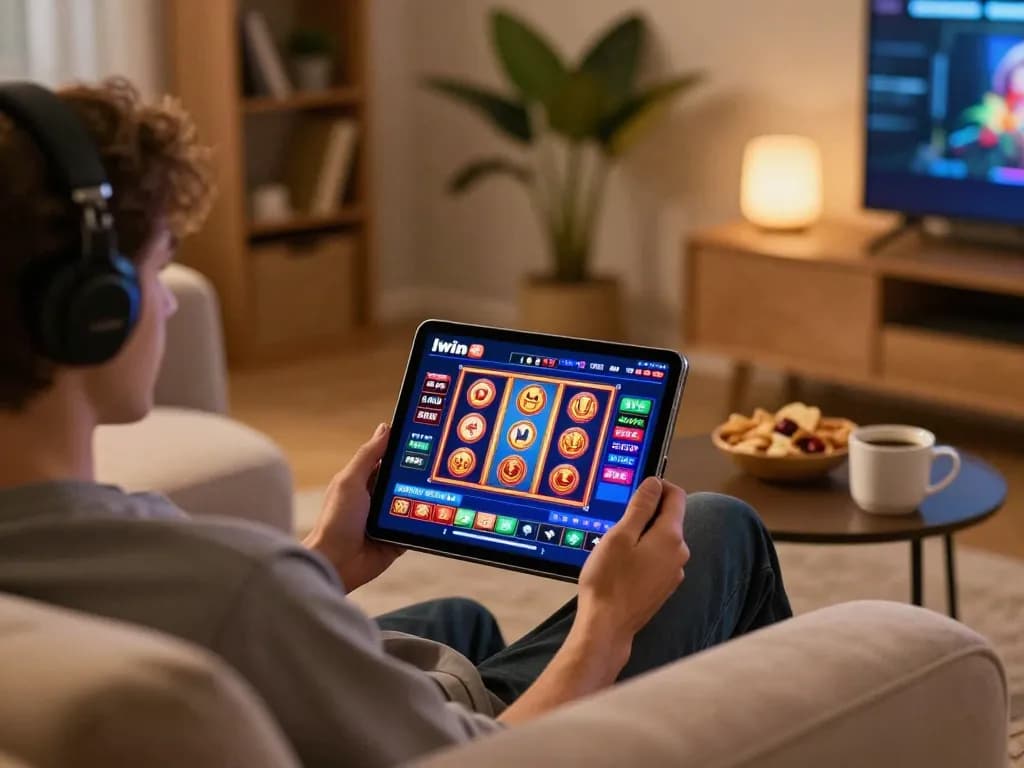 Iwin casino app displayed on a tablet during a cozy gaming session