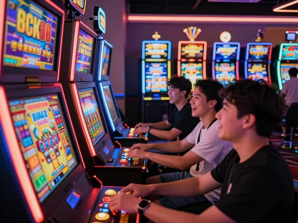 Players celebrating wins at slot88 machines amidst vibrant casino ambience.
