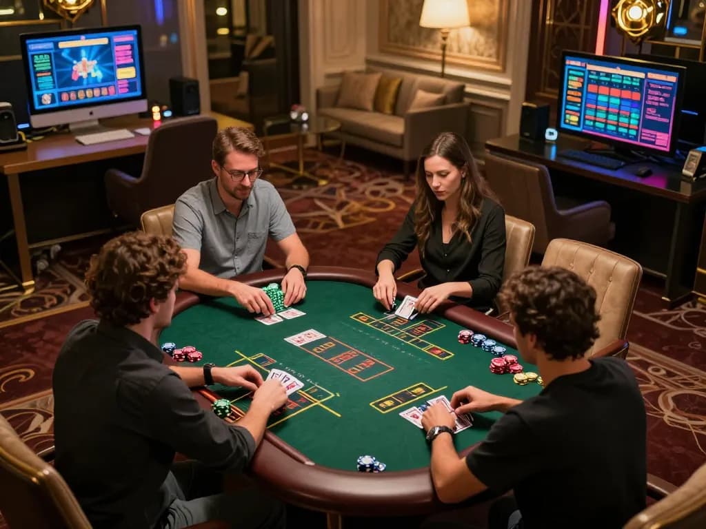 Players engage in strategic gameplay at net88 online casino, showcasing vibrant gaming interfaces and modern decor.