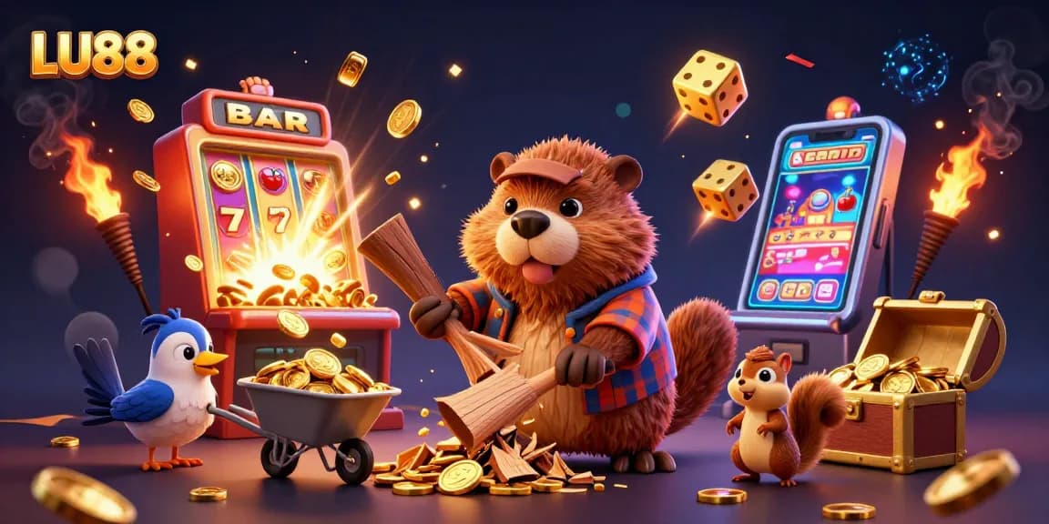 LU88 showcases a vibrant casino scene with coins raining down, 3D characters enjoying a colorful jackpot.