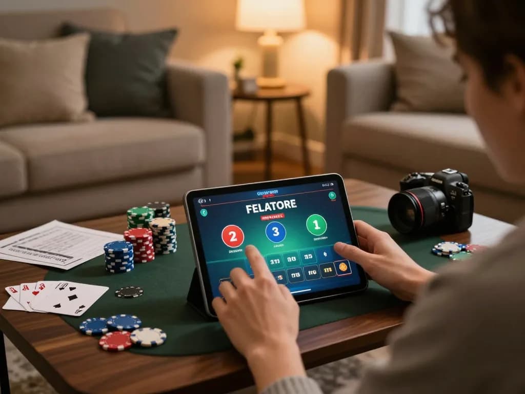 Engaging with poker gameplay on sc88.charity from a cozy home setup, tablet screen visible.