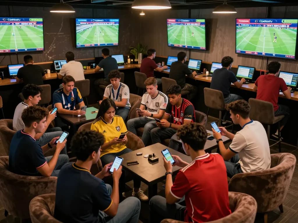 Cakhia users engaging in live sports betting while watching football matches, creating an exciting atmosphere.