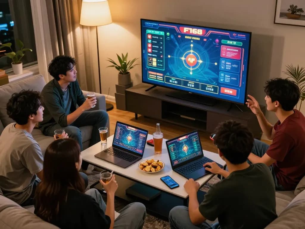Friends engaged in F168 gaming session with laptops and drinks in a cozy setting.
