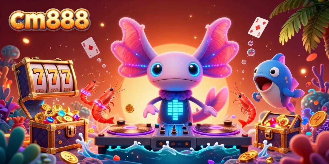 Experience thrilling gameplay with cm888, featuring a neon axolotl DJ spinning winning slot reels amidst colorful gems and underwater treasures.