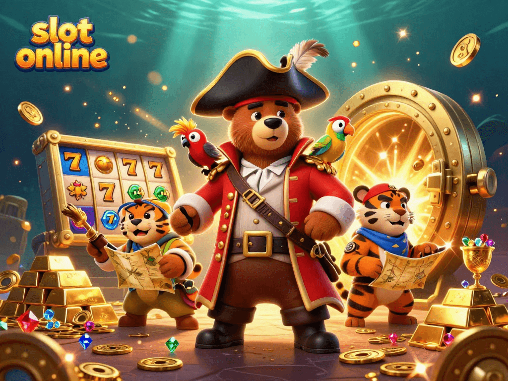 Gambarkan slot online yang mengasyikkan dengan karakter beruang bajak laut dan harimau di tengah tumpukan koin.