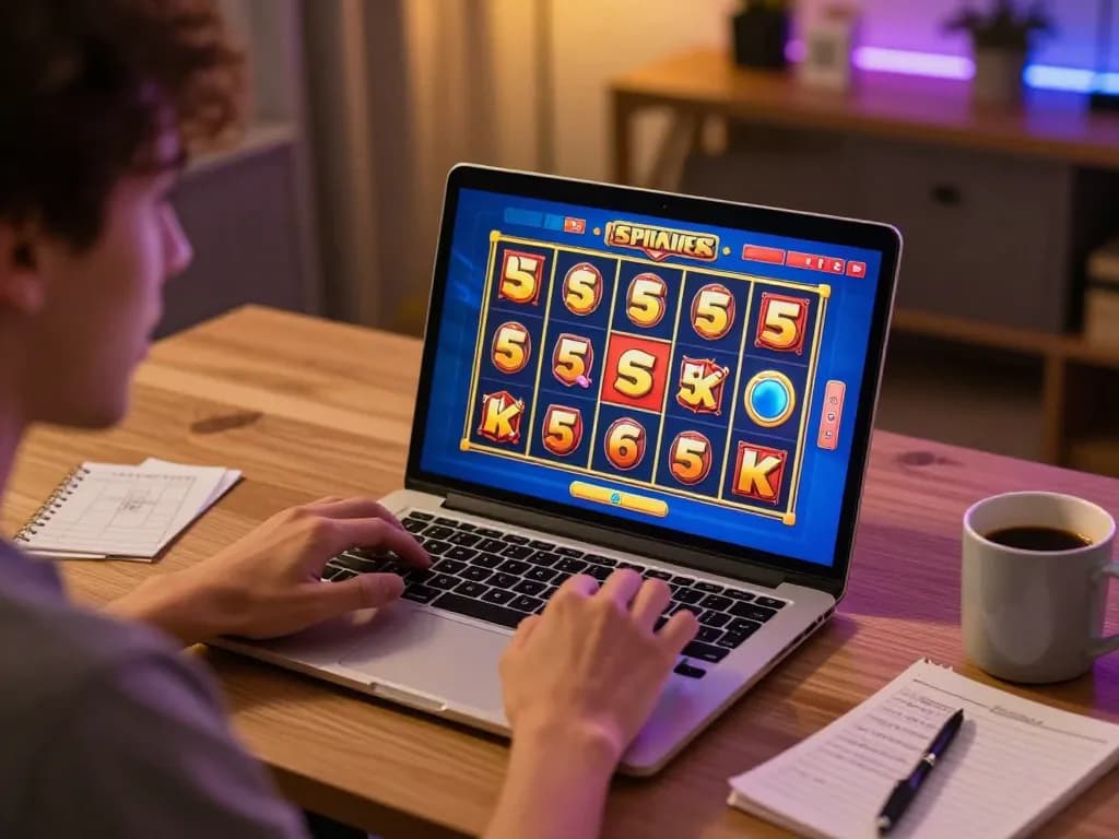 Player celebrating a win on slot 5k online game with vibrant laptop display in cozy home setting