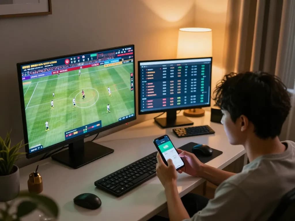 Betting enthusiast engaging with rr88c sports betting app on smartphone, showcasing dynamic online gambling experience