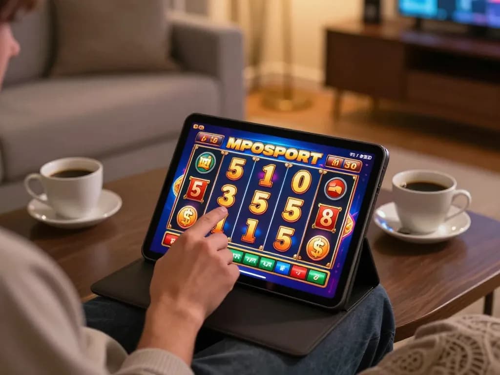 Player spinning the reels on MPOSPORT slot game in a cozy home setting