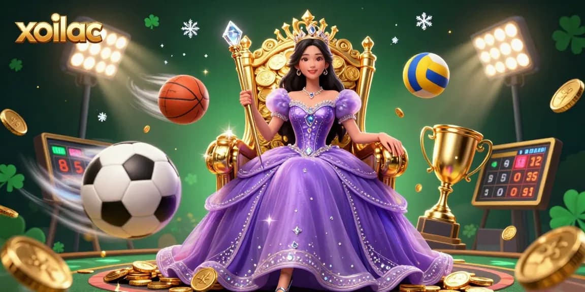 Xoilac offers a thrilling soccer experience with a beautiful model surrounded by sports elements.