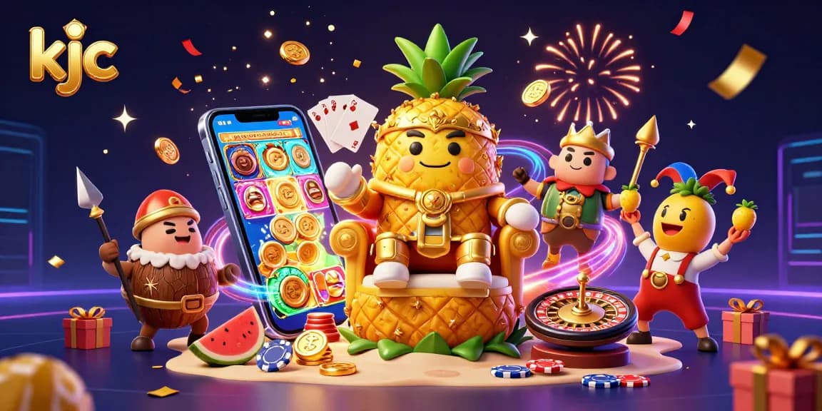 KJC casino illustration featuring a golden pineapple king and vibrant gaming elements