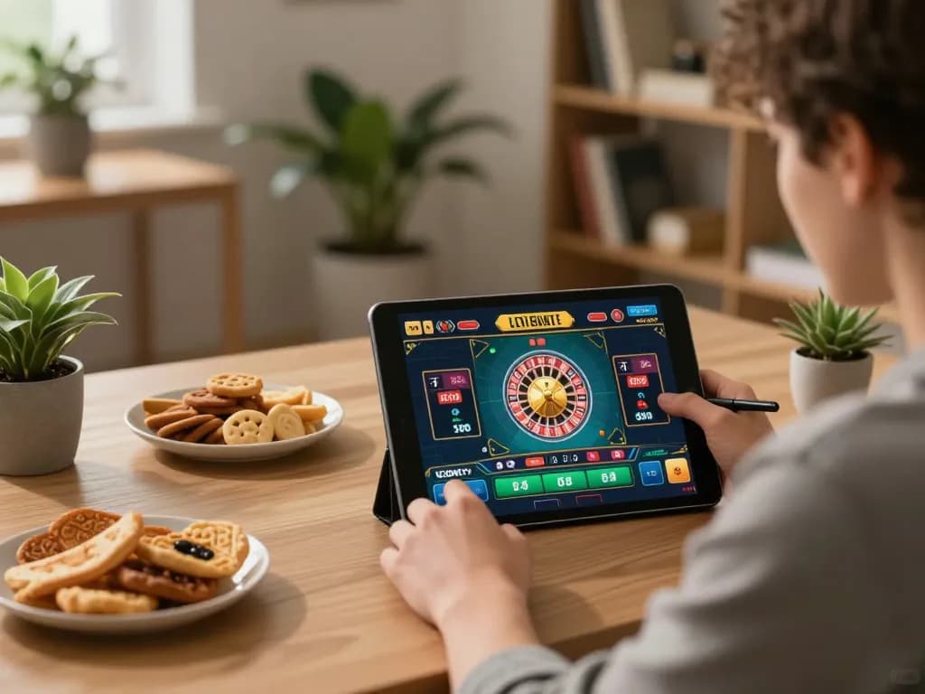 B52club user enjoying live roulette on a tablet in a cozy home office setting, showcasing strategic online gambling.