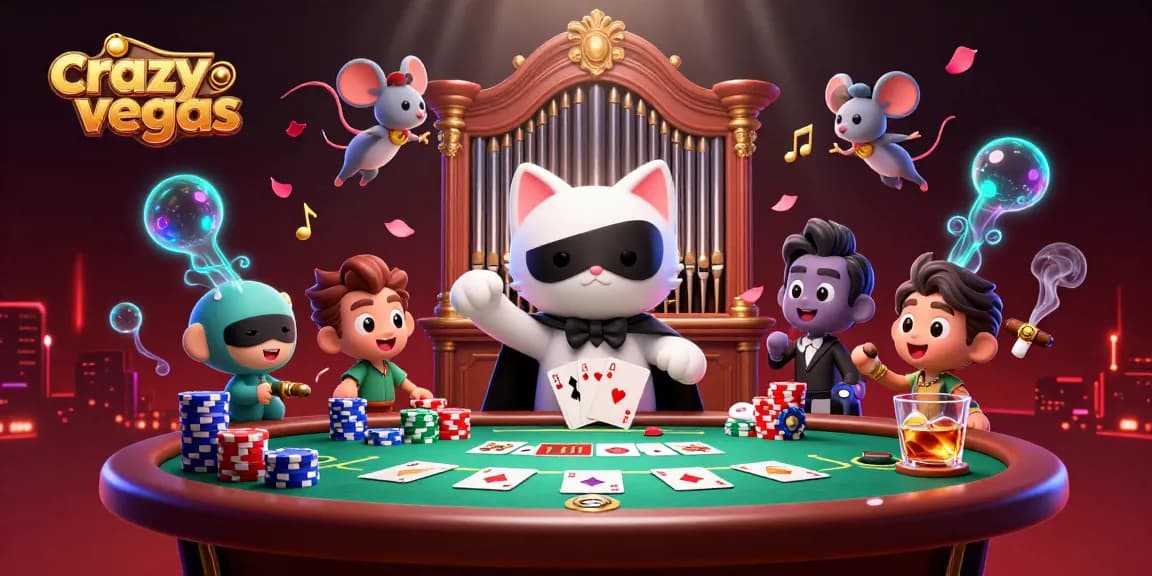 Experience the thrill of crazyvegas as the charming phantom cat plays organ amidst vibrant poker games.