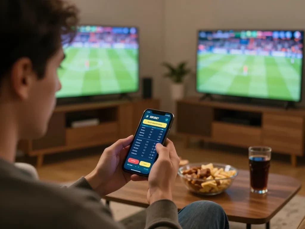 SBOBET user placing bets on mobile device while watching live sports, cozy home ambiance