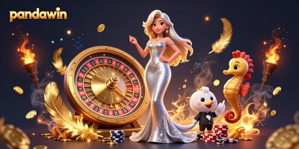 Slot Pandawin menampilkan adegan 3D dengan wanita glamor, roda roulette, dan kuda laut, menangkap kegembiraan kasino.