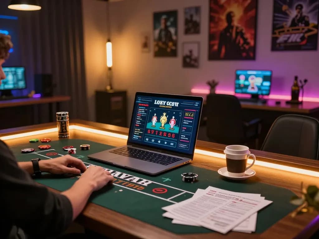 Engaging in online blackjack at xx88, showcasing a person with strategy notes in a stylish gaming environment.