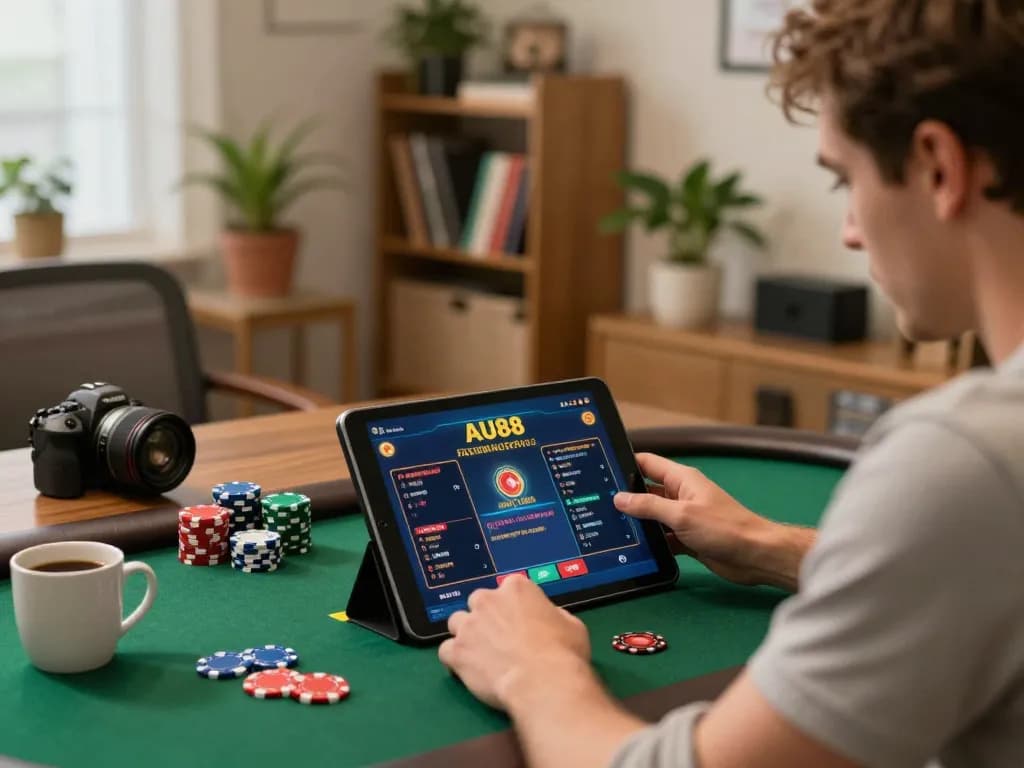 Player engaging in AU88 online casino gaming using a tablet in a cozy home setting.