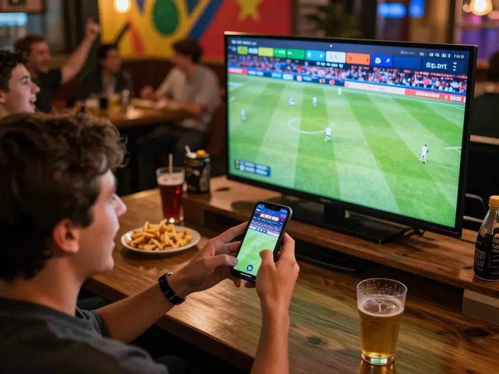 Engaged user placing live bets on Bsport while watching a football match in a lively sports bar.