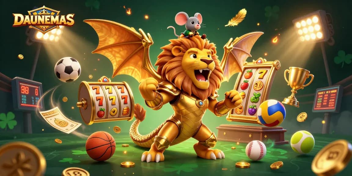 Experience engaging gaming action with DAUNEMAS through dynamic slots and sports elements in a vibrant 3D scene.