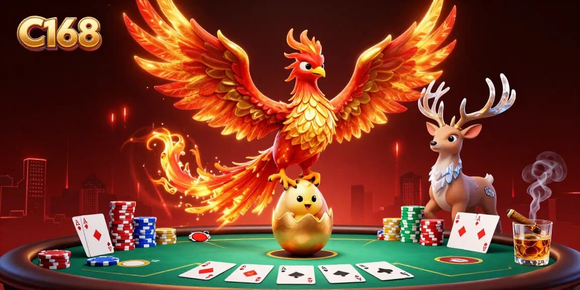 C168 ignites excitement with a phoenix scene celebrating poker and casino games, capturing dynamic action.