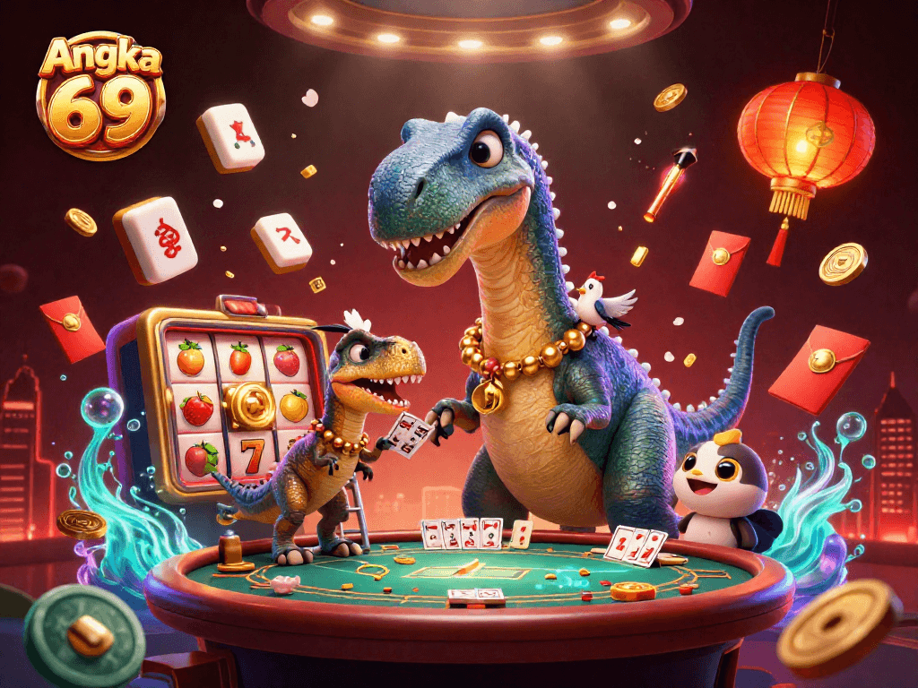 Experience thrilling gameplay at Angka 69 with vibrant slot machines and a fun dinosaur dealer