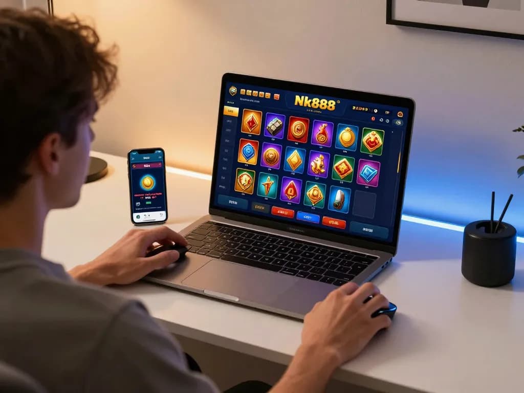 Navigating the Nk888 online casino game interface from a cozy digital gaming setup.