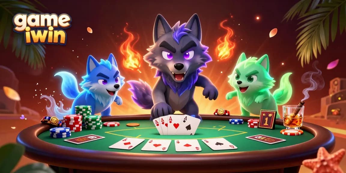 Experience the thrill of game iwin with shadow wolves and card stakes in an immersive scene.