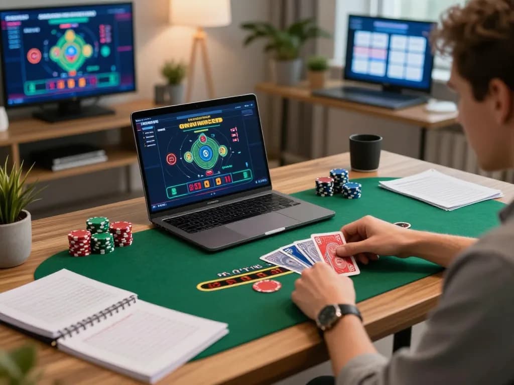 Engaging in live dealer blackjack online on g28tv with strategic notes visible on desk.