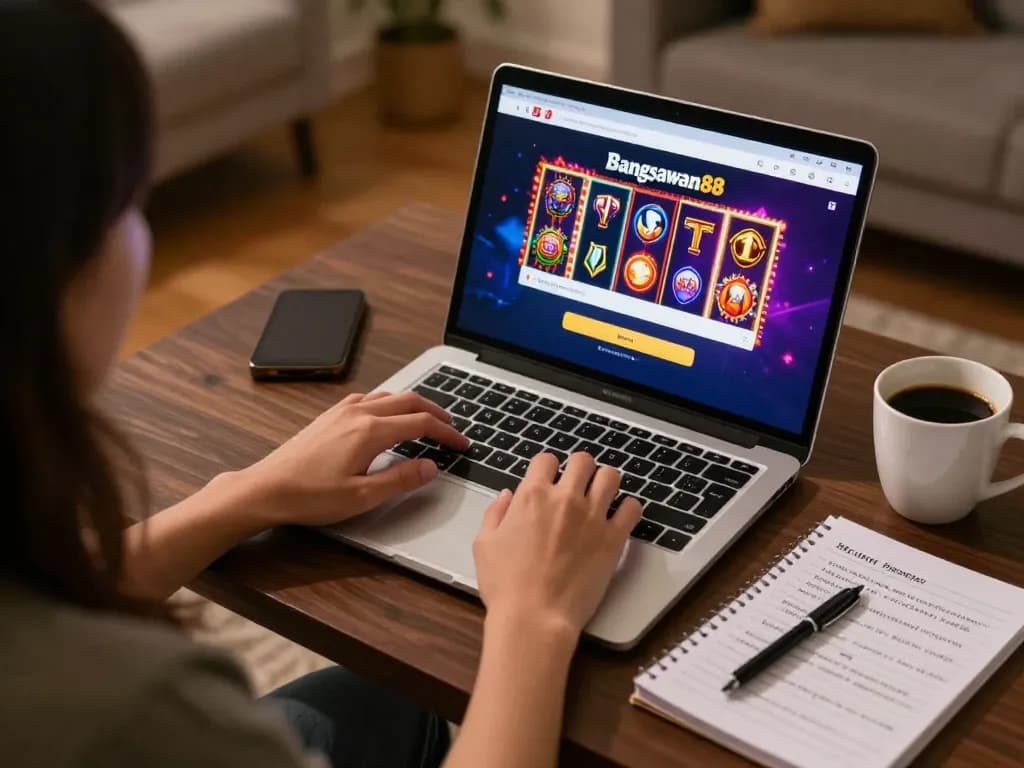 Engaging in the bangsawan88 login to play online slots in a cozy home setting.