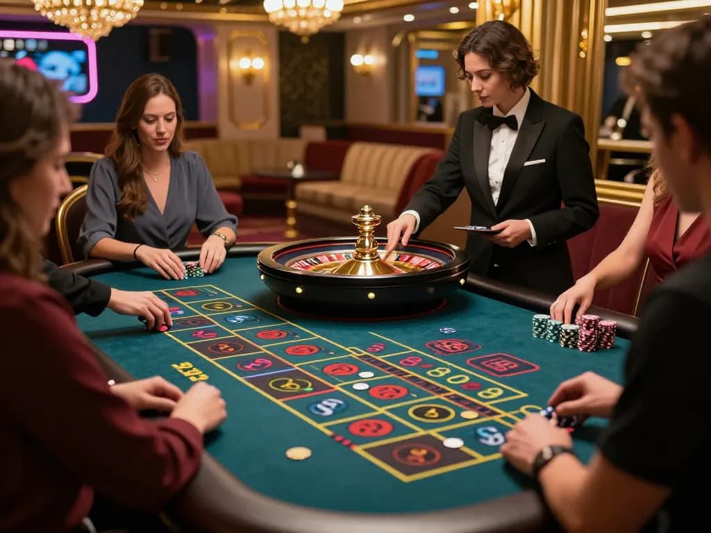 Experience the excitement at Planet88 with players betting at a vibrant roulette table.