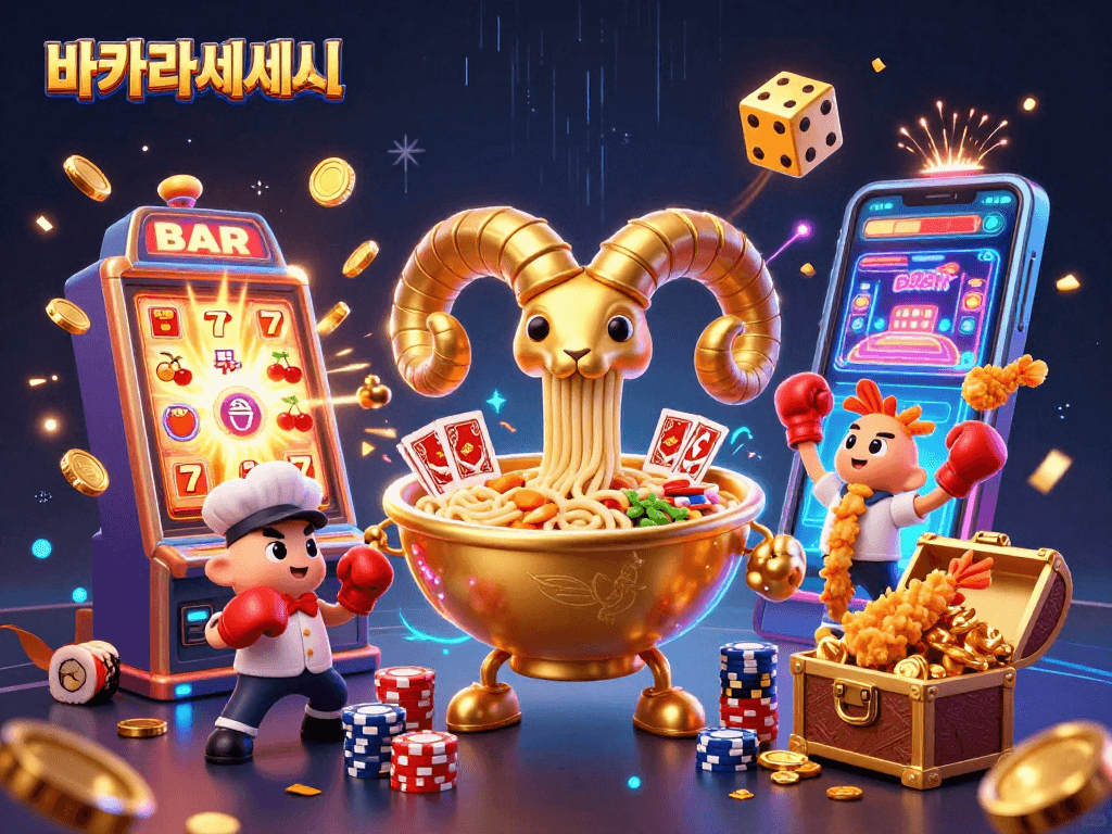 바카라사이트에서 카드 게임을 즐기는 캐릭터와 환상적인 슬롯 머신의 실감나는 장면