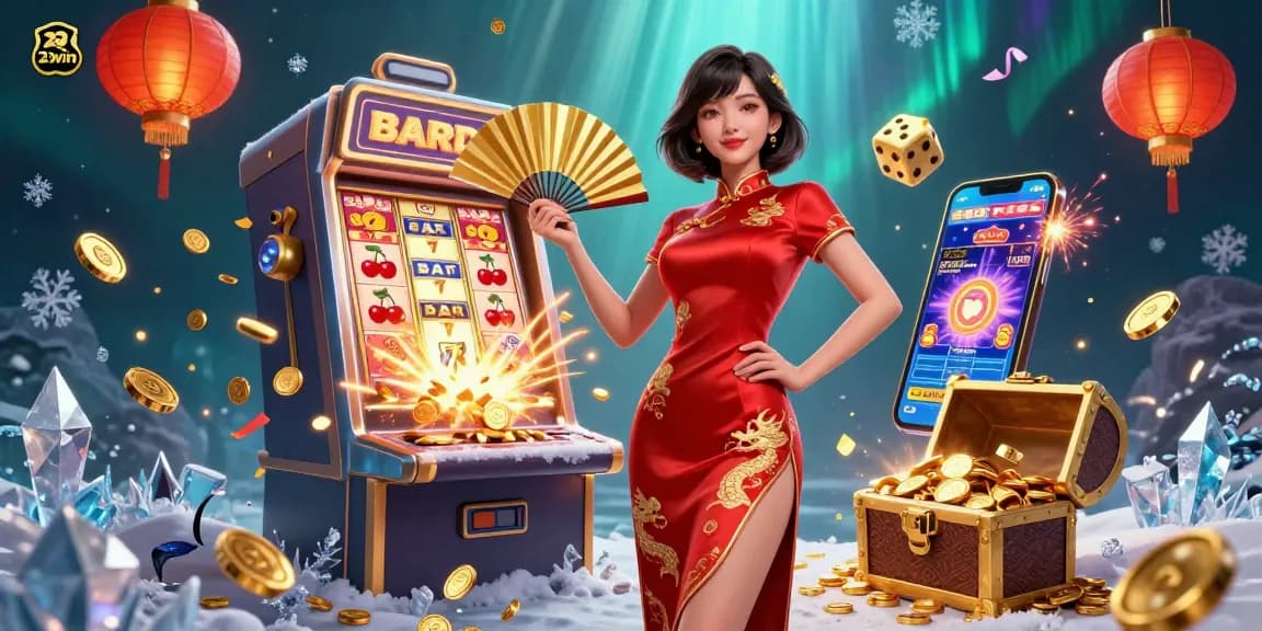 Experience the excitement of 23win with vibrant casino elements and radiant jackpots in this stunning illustration.